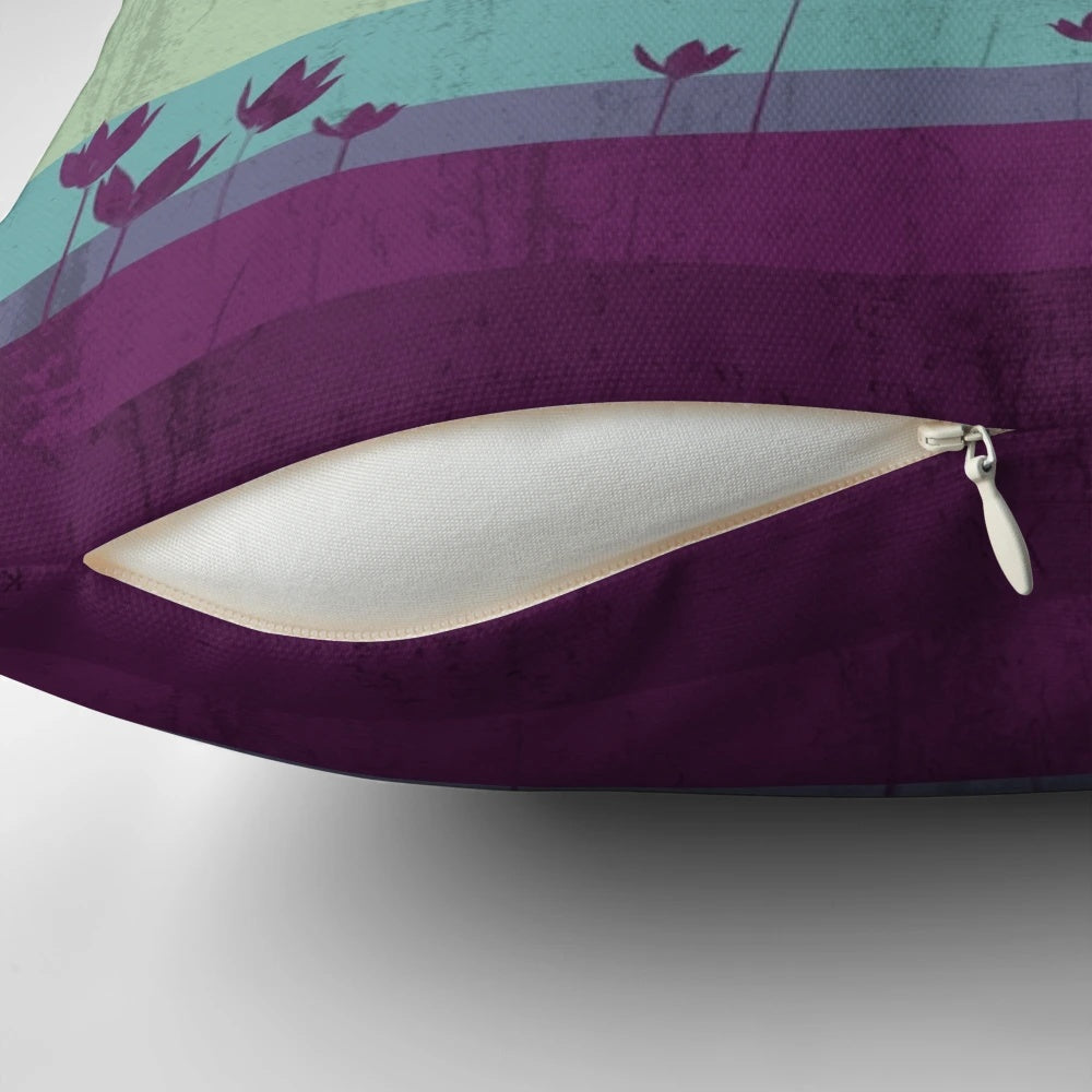 A vibrant, nature-inspired pillow featuring a deer against a backdrop of forests, mountains, and a gradient of colors