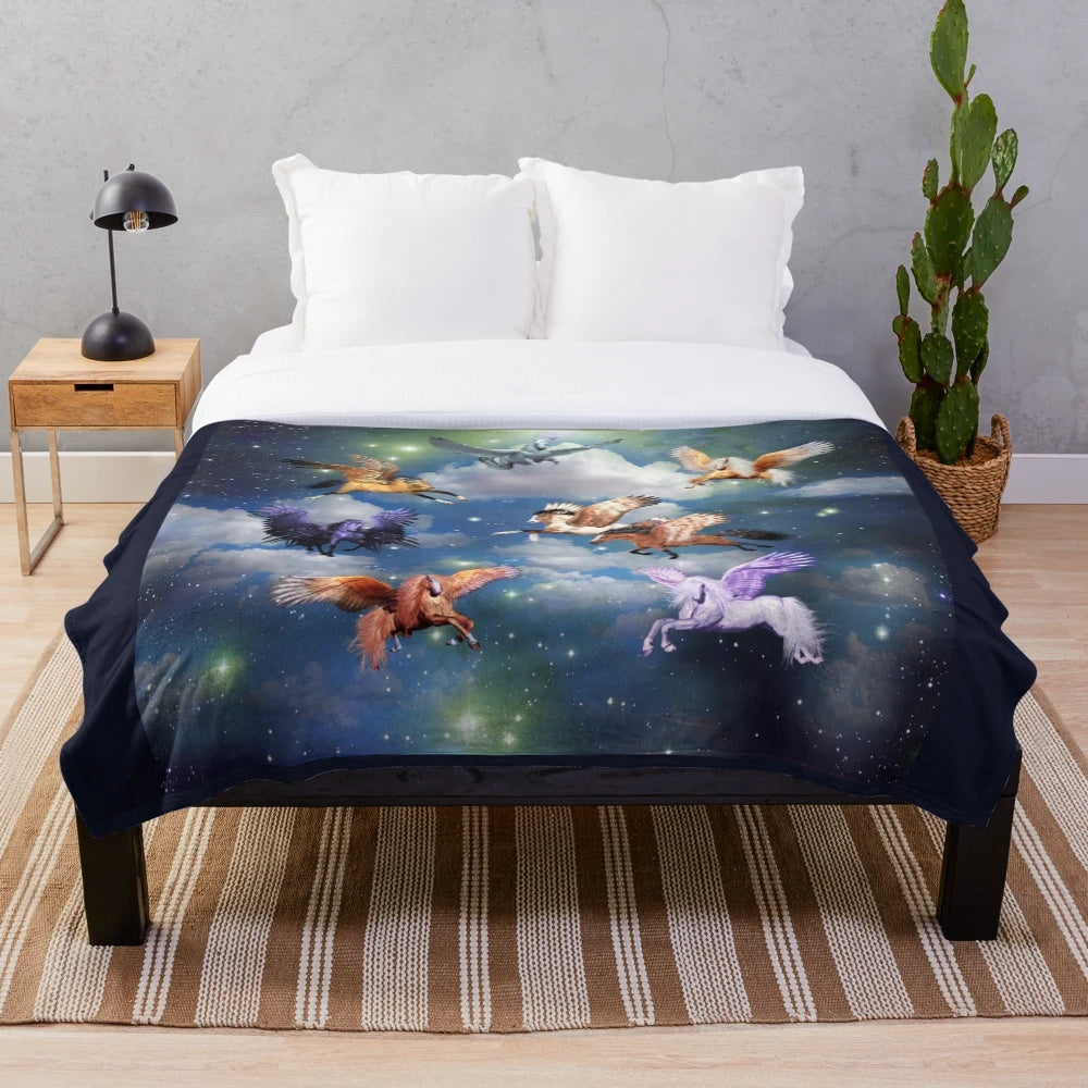 Plush blanket featuring a flying pegasus in the night sky with stars and clouds