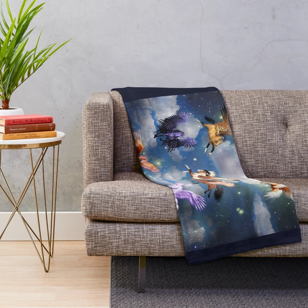 Plush blanket featuring a flying pegasus in the night sky with stars and clouds