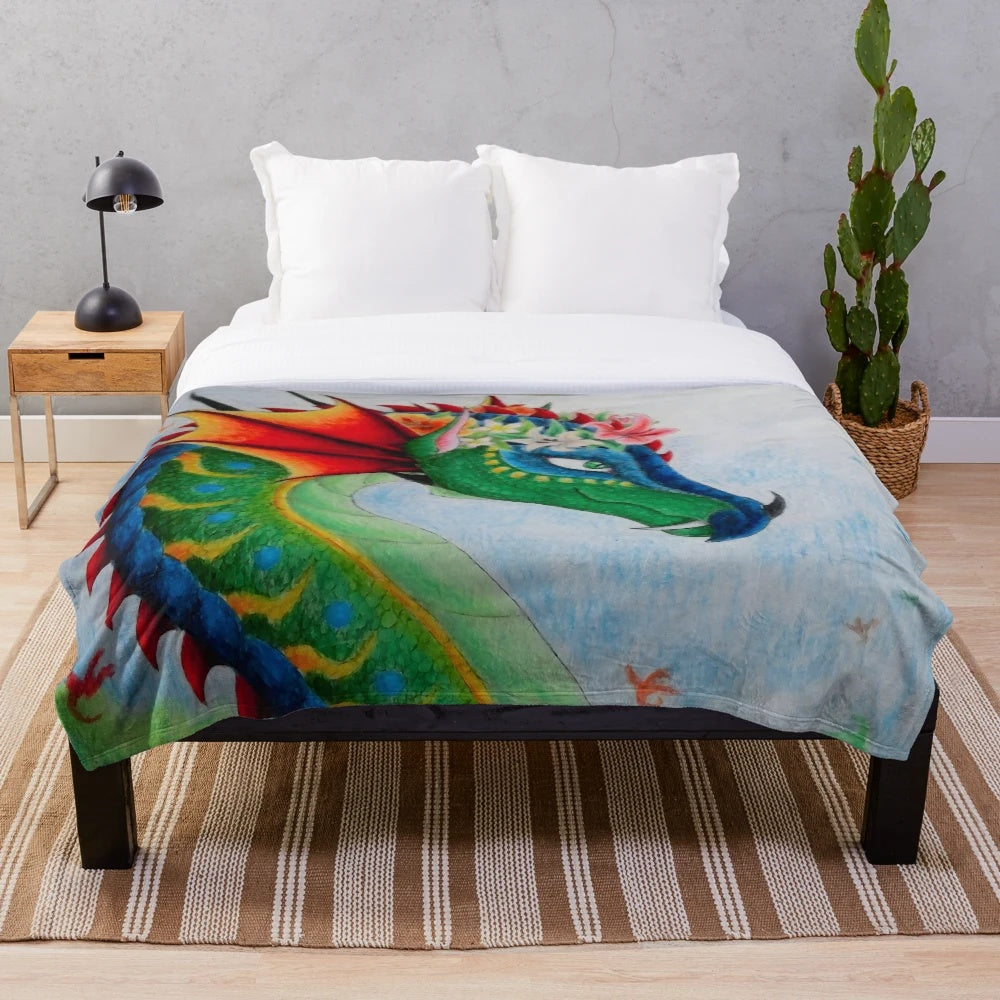 Majestic Wings of Fire Inspired Plush Blanket featuring dragon queen Glory in a flower crown