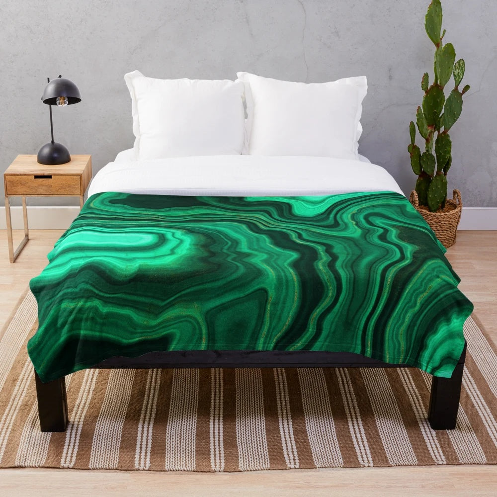 Malachite green faux marble plush blanket with shimmery gold veins