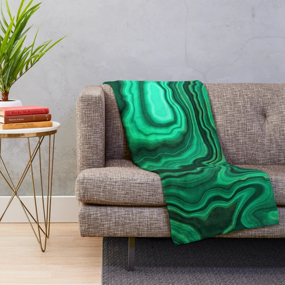Malachite green faux marble plush blanket with shimmery gold veins