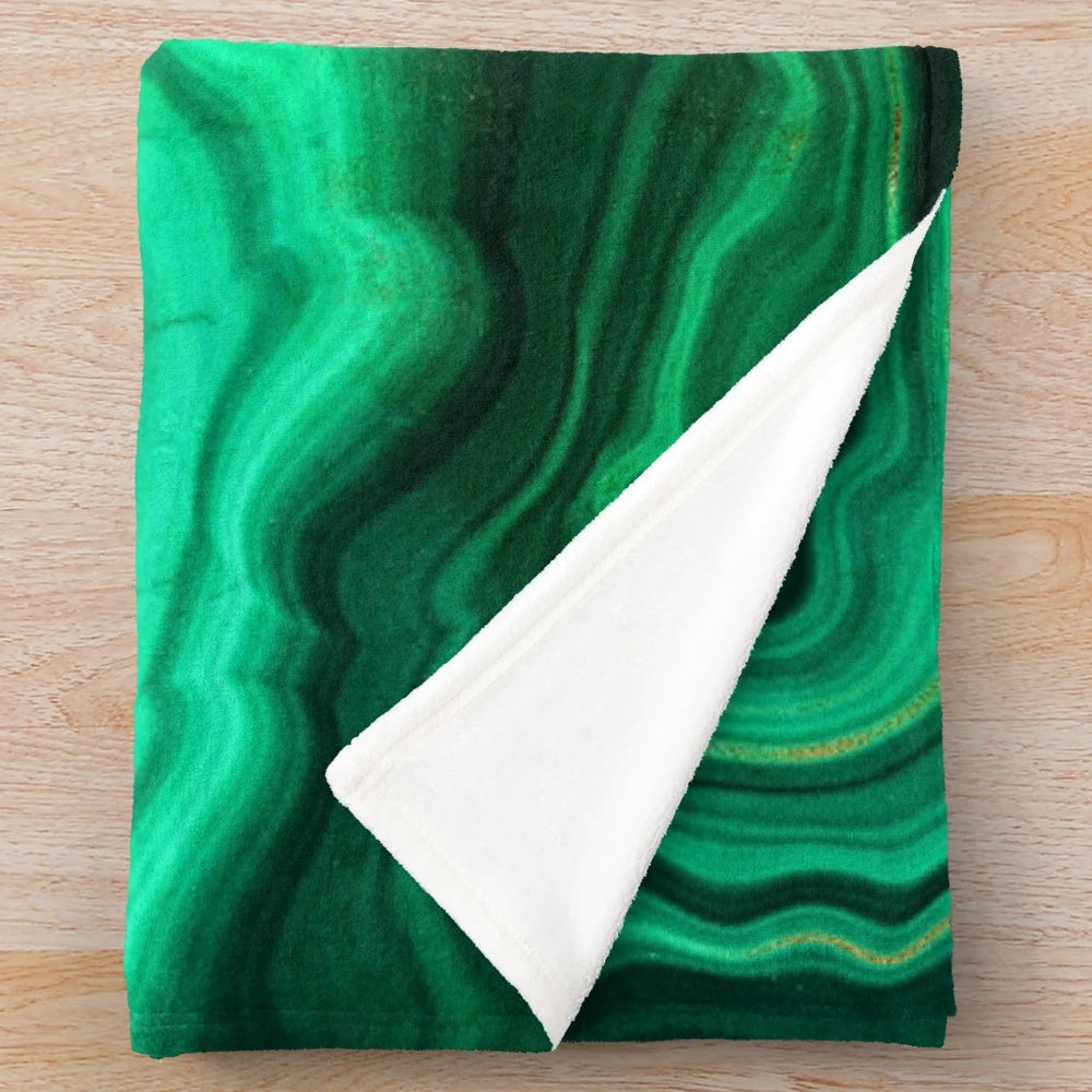 Malachite green faux marble plush blanket with shimmery gold veins