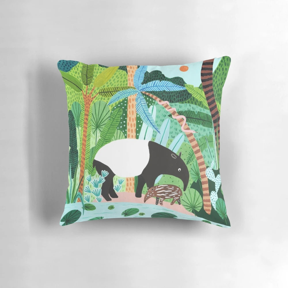 Malayan tapir and baby botanical print throw pillow for nursery and home decor