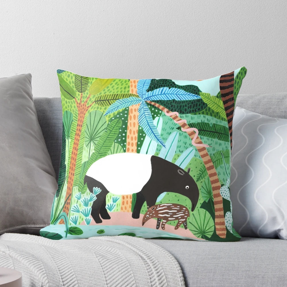 Malayan tapir and baby botanical print throw pillow for nursery and home decor