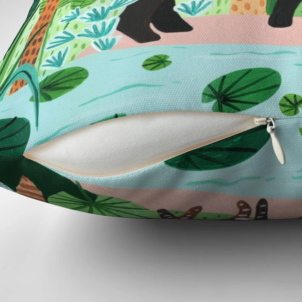 Malayan tapir and baby botanical print throw pillow for nursery and home decor
