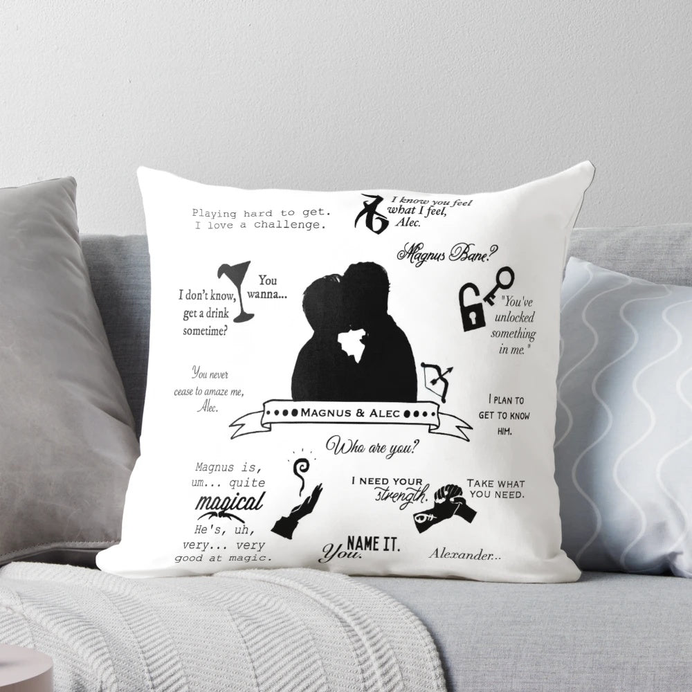 Malec inspired quotes printed on a decorative throw pillow or cushion.