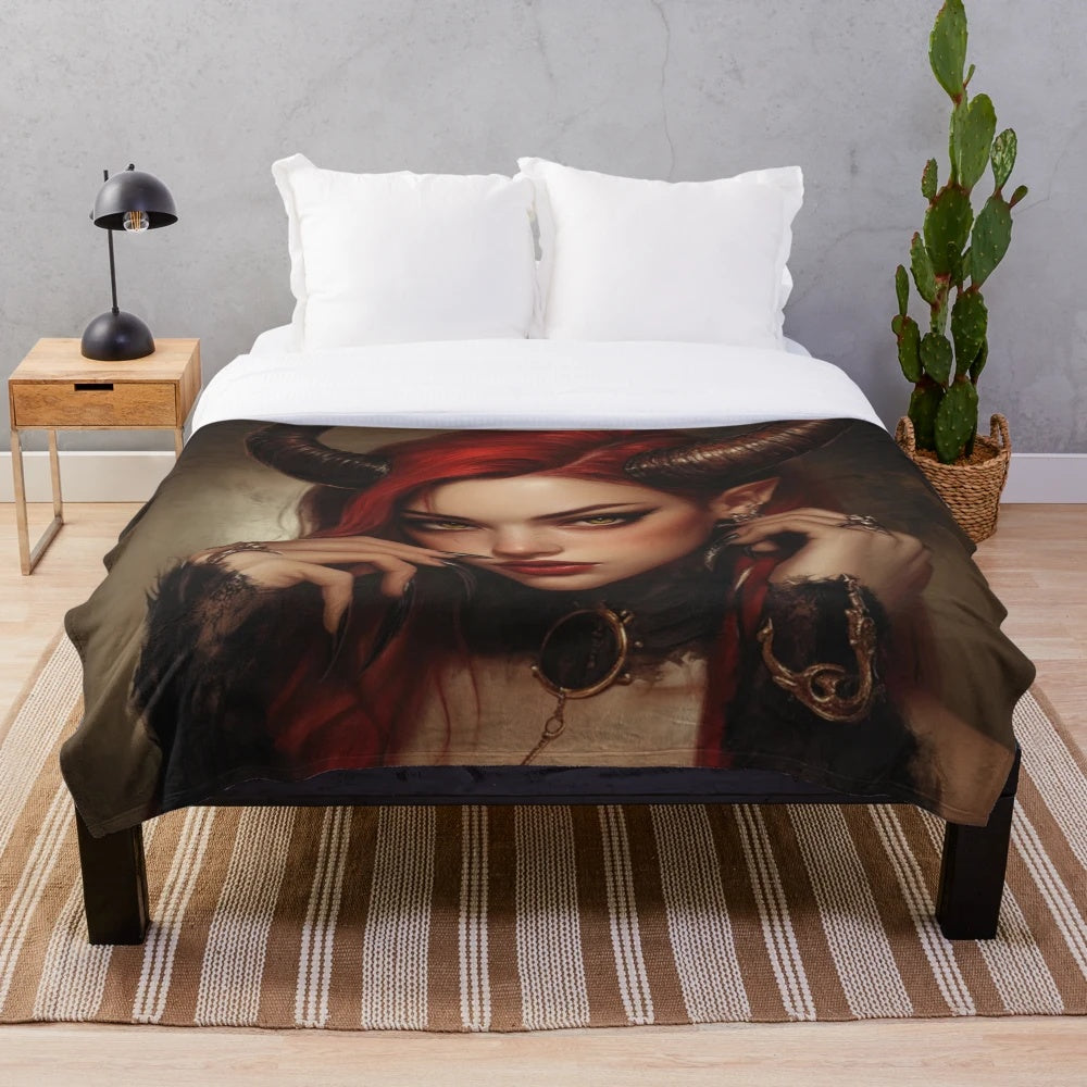 Plush blanket featuring a creepy, dark fantasy demon girl with horns