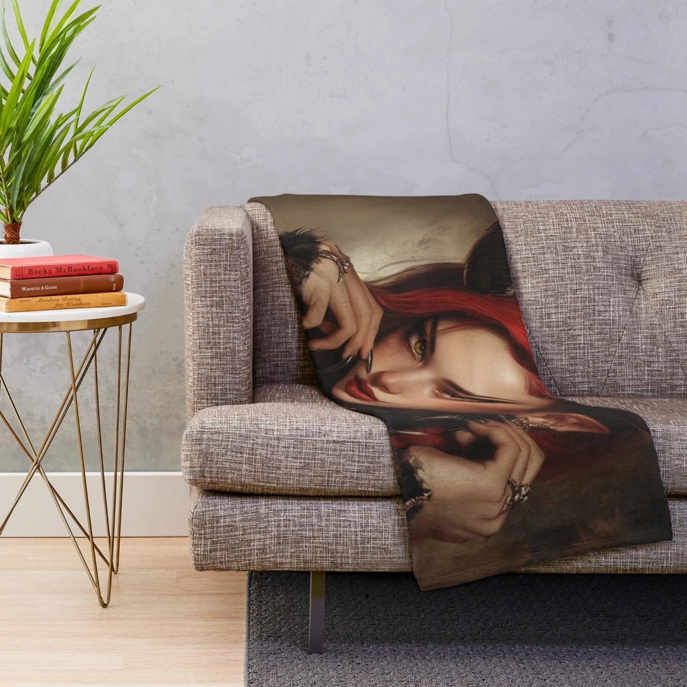 Plush blanket featuring a creepy, dark fantasy demon girl with horns