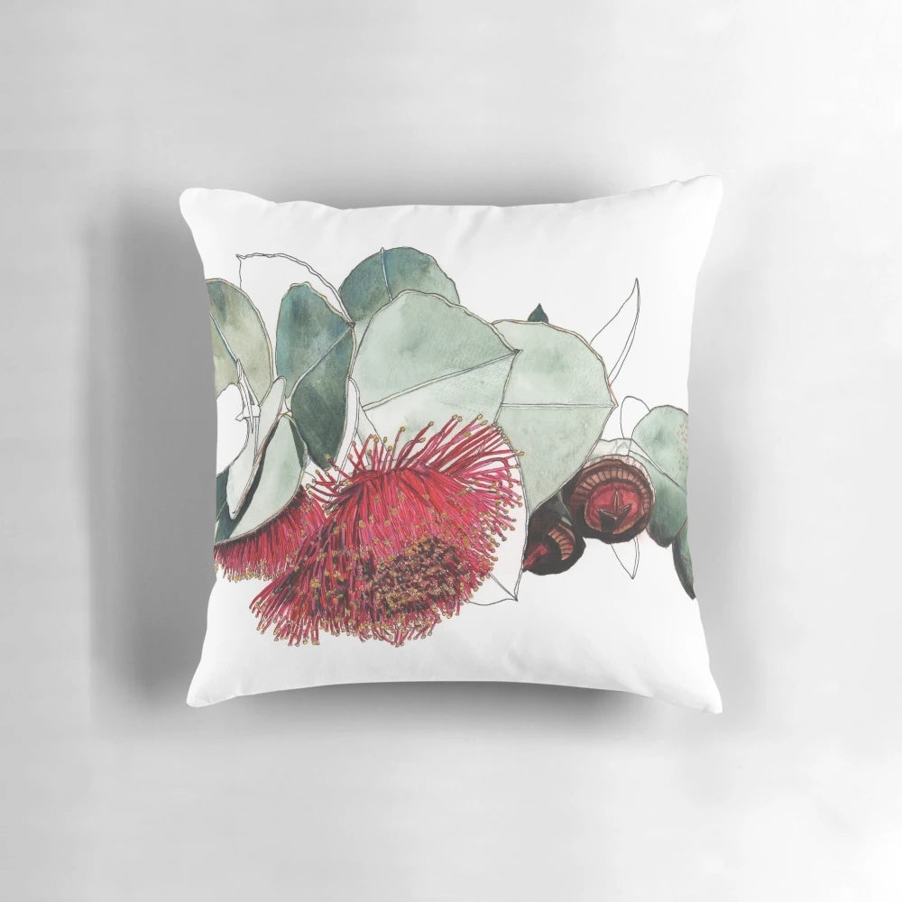 Pillow featuring the natural elements of mallee flower and gum nuts, an Australian native flora design.