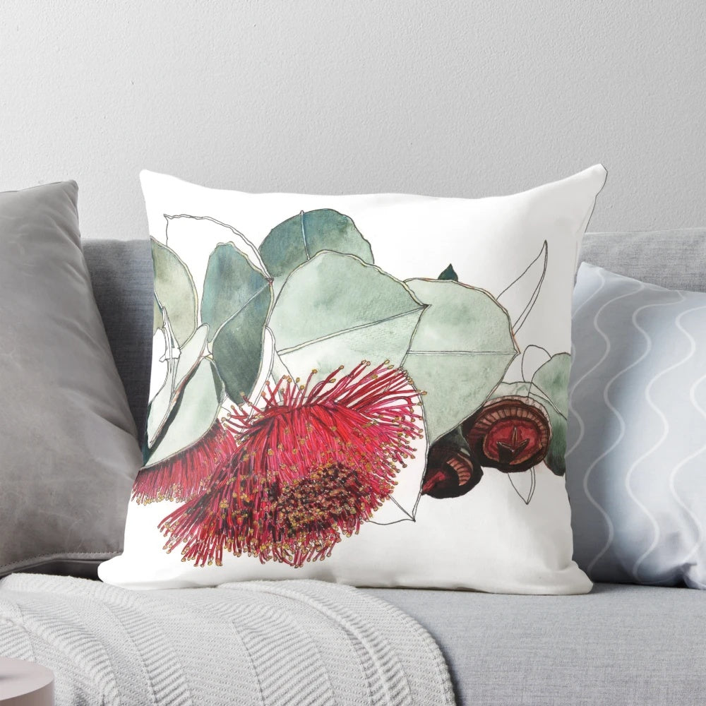 Pillow featuring the natural elements of mallee flower and gum nuts, an Australian native flora design.