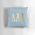 A golden foil-accented pillow featuring the iconic characters from the Mamma Mia musical and films.