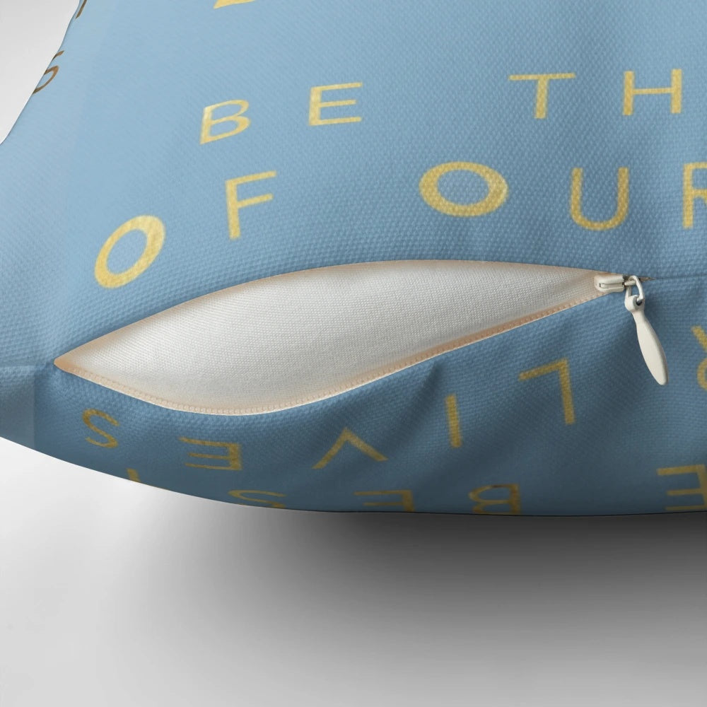 A golden foil-accented pillow featuring the iconic characters from the Mamma Mia musical and films.