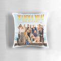 Vibrant Mamma Mia-themed pillow featuring iconic theater masks and musical notes