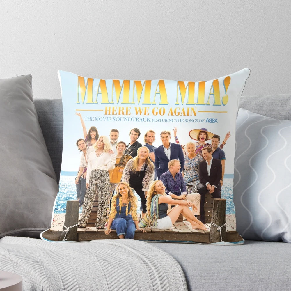 Vibrant Mamma Mia-themed pillow featuring iconic theater masks and musical notes