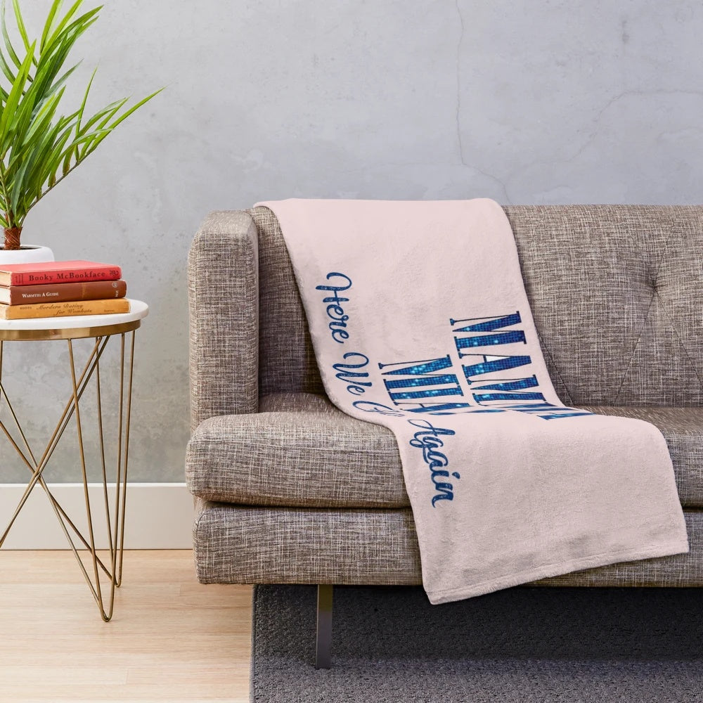 Mamma Mia-themed plush blanket featuring characters and songs from the beloved musical and film