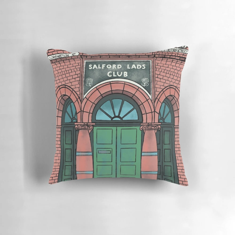 Salford Lads Club - The Smiths Pillow, featuring original artwork of the iconic Manchester band and landmark