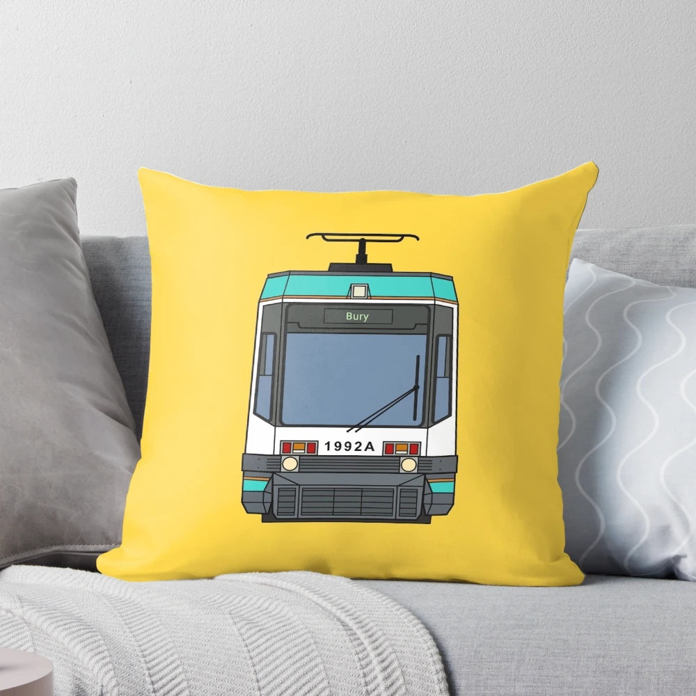 Vintage Manchester Metrolink Tram (1992) Pillow - T68 Light Rail Transit Decor