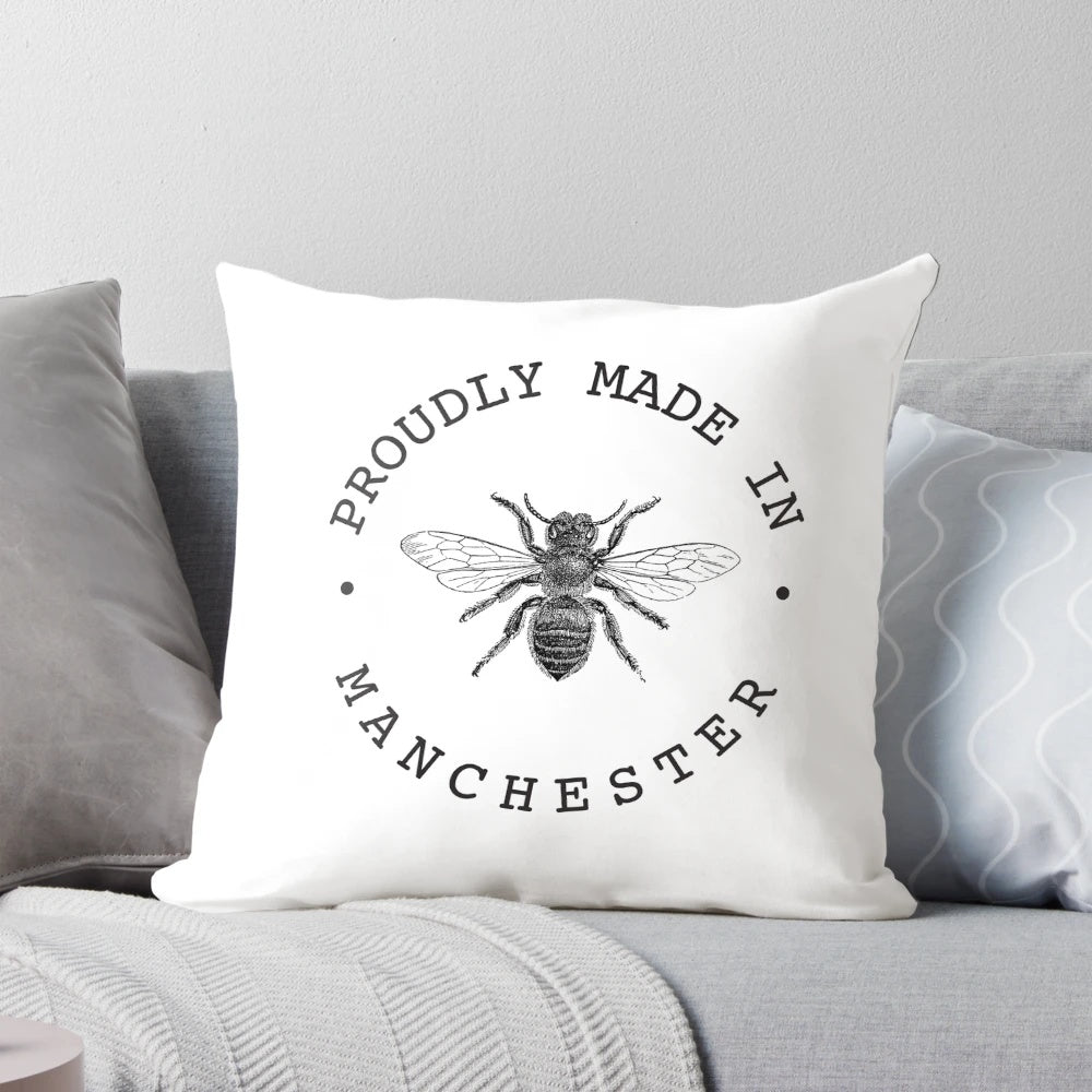 Manchester Worker Bee Pillow, a locally crafted Manchester pride decor item featuring the iconic Manchester worker bee design.