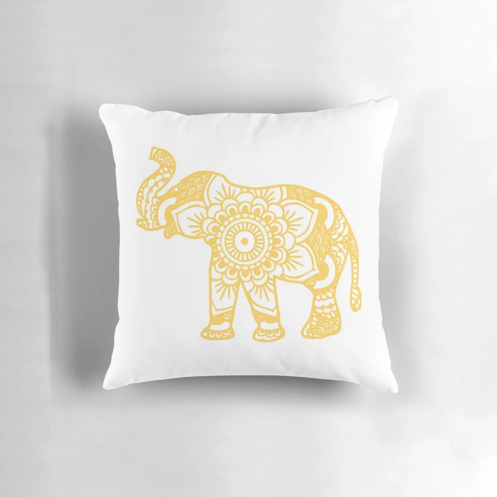 Mandala elephant design yellow pillow for bohemian, Indian, and spiritual home decor