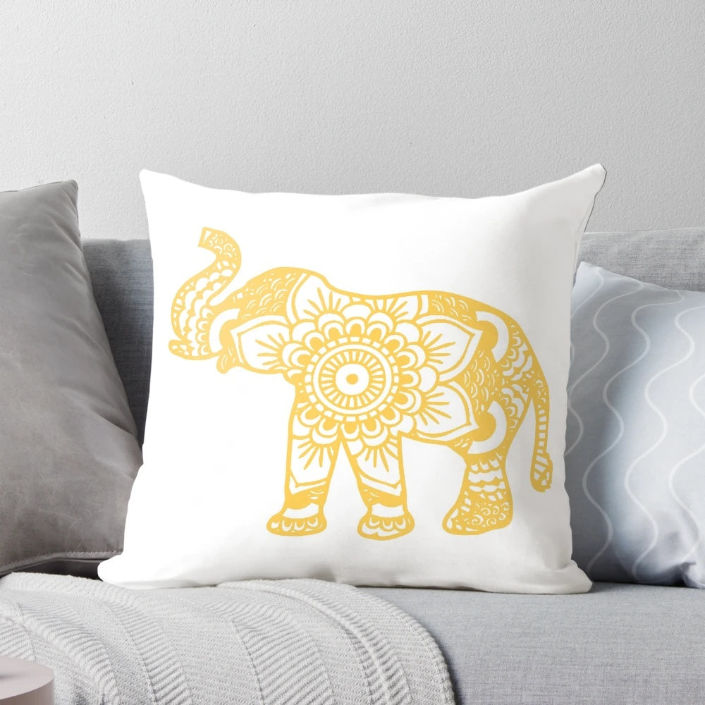 Mandala elephant design yellow pillow for bohemian, Indian, and spiritual home decor