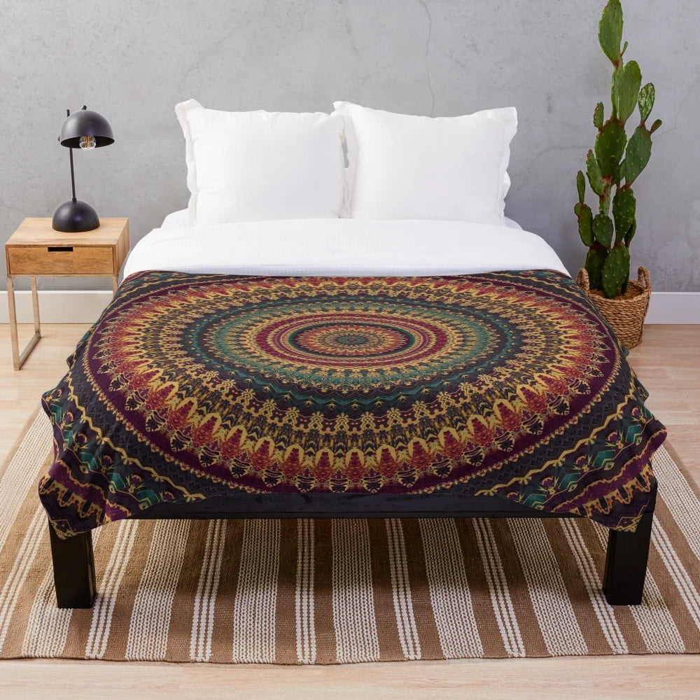 Mandala Plush Blanket with Colorful Floral Pattern