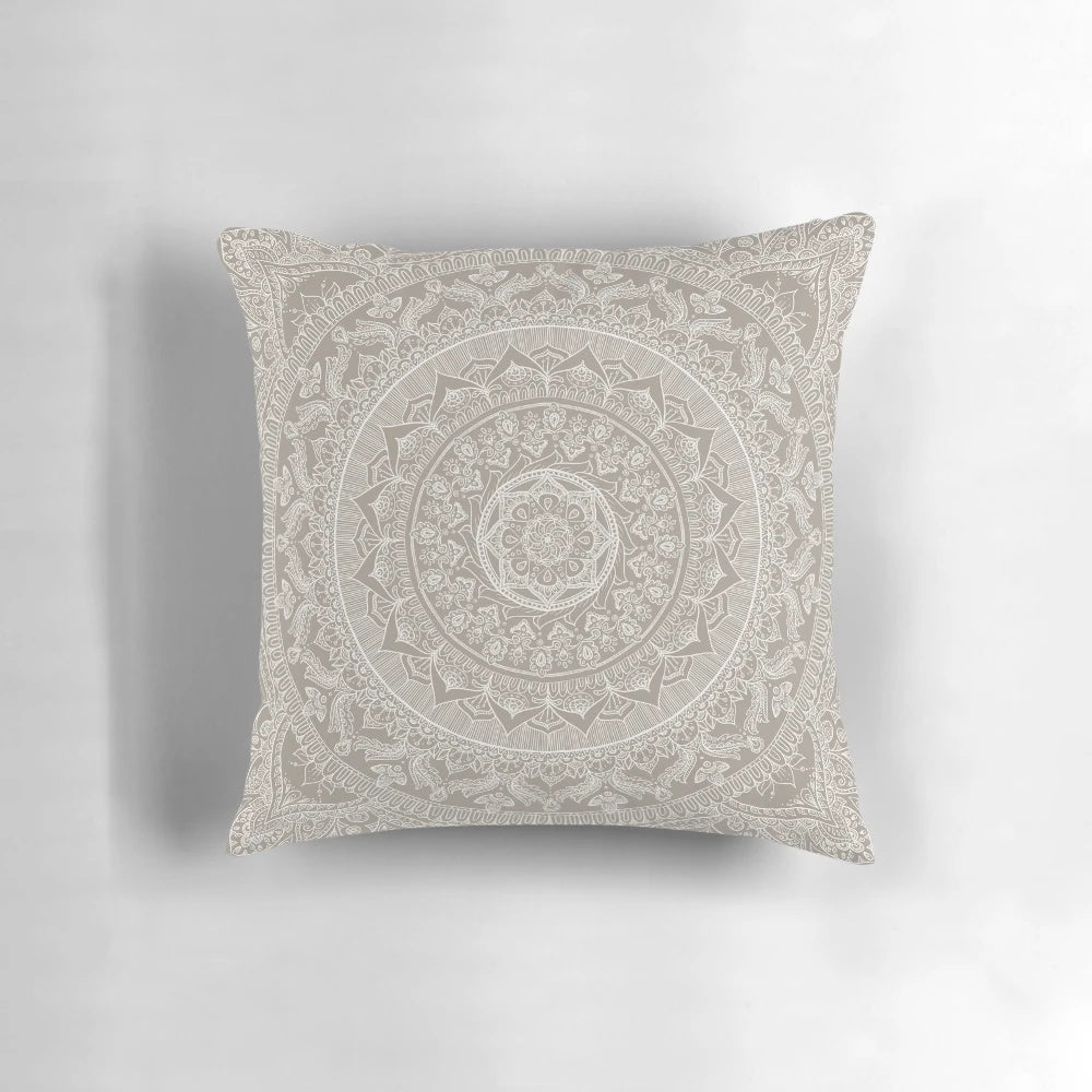 Mandala taupe colored decorative pillow with a delicate lace pattern design
