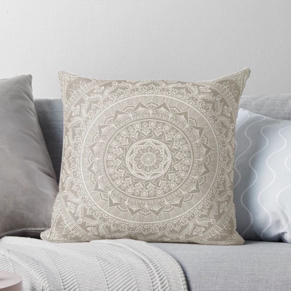 Mandala taupe colored decorative pillow with a delicate lace pattern design