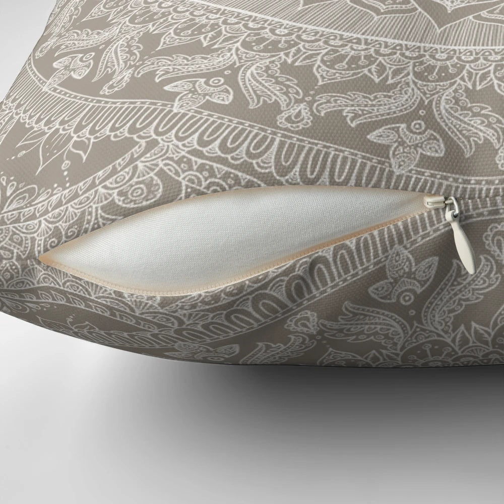 Mandala taupe colored decorative pillow with a delicate lace pattern design