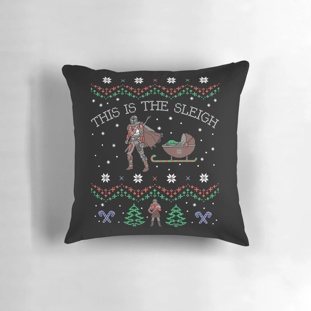 Mandalorian-themed Christmas pillow featuring a sleigh design