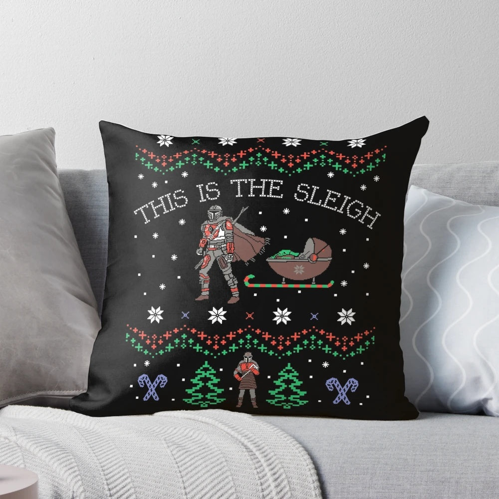 Mandalorian-themed Christmas pillow featuring a sleigh design