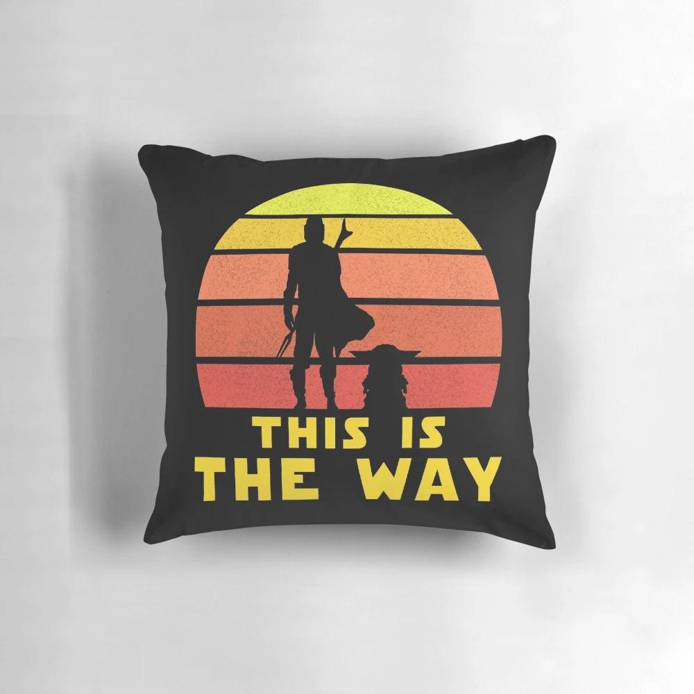 Mando Retro Vol.1 Mandalorian Pillow featuring Baby Yoda, Boba Fett, and other iconic characters from the Star Wars universe.