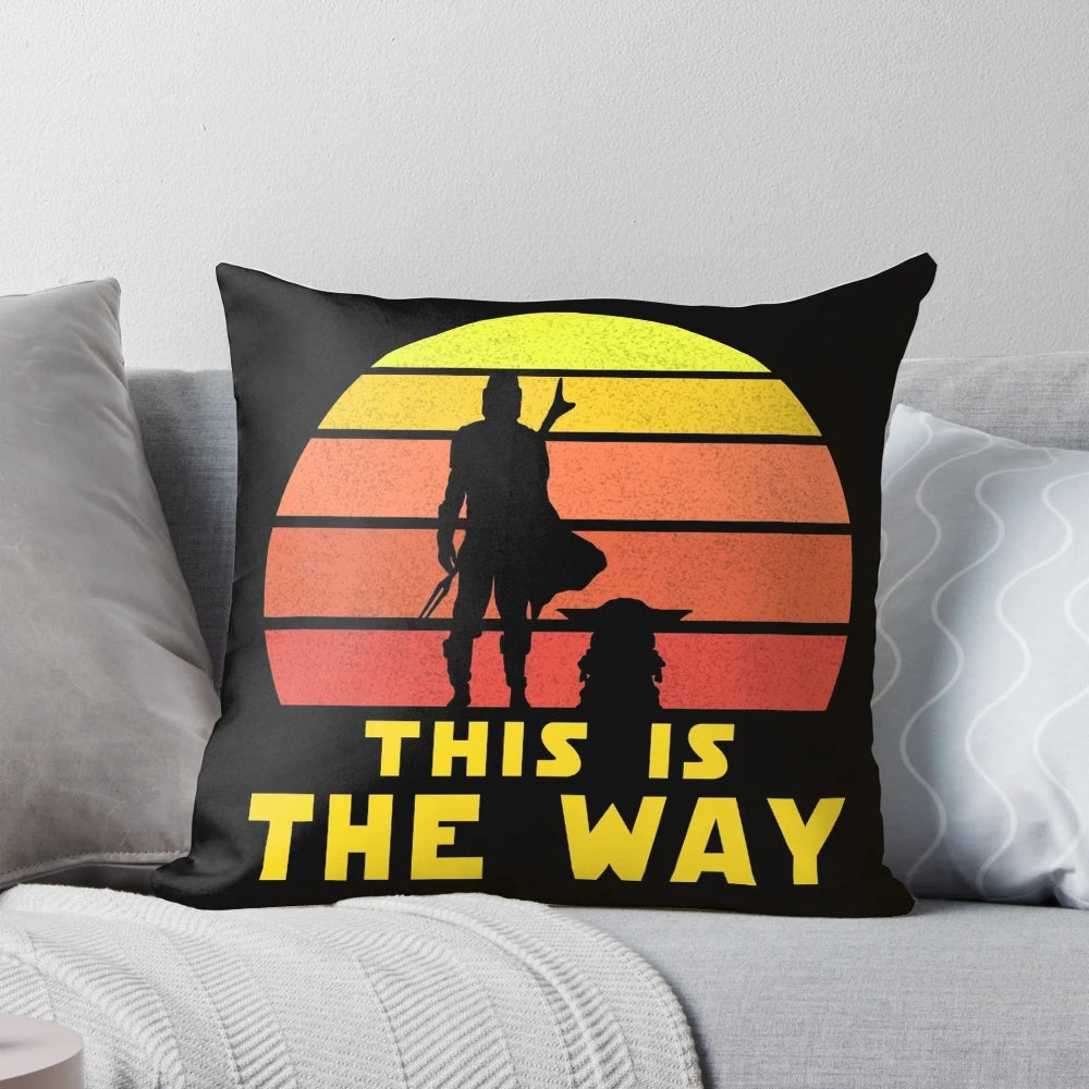 Mando Retro Vol.1 Mandalorian Pillow featuring Baby Yoda, Boba Fett, and other iconic characters from the Star Wars universe.