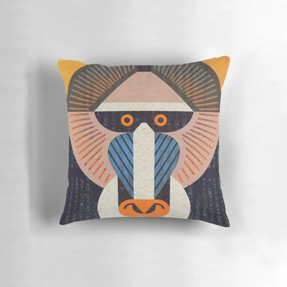 Vibrant digital illustration of a mandrill primate on a stylish throw pillow