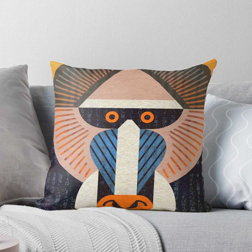 Vibrant digital illustration of a mandrill primate on a stylish throw pillow