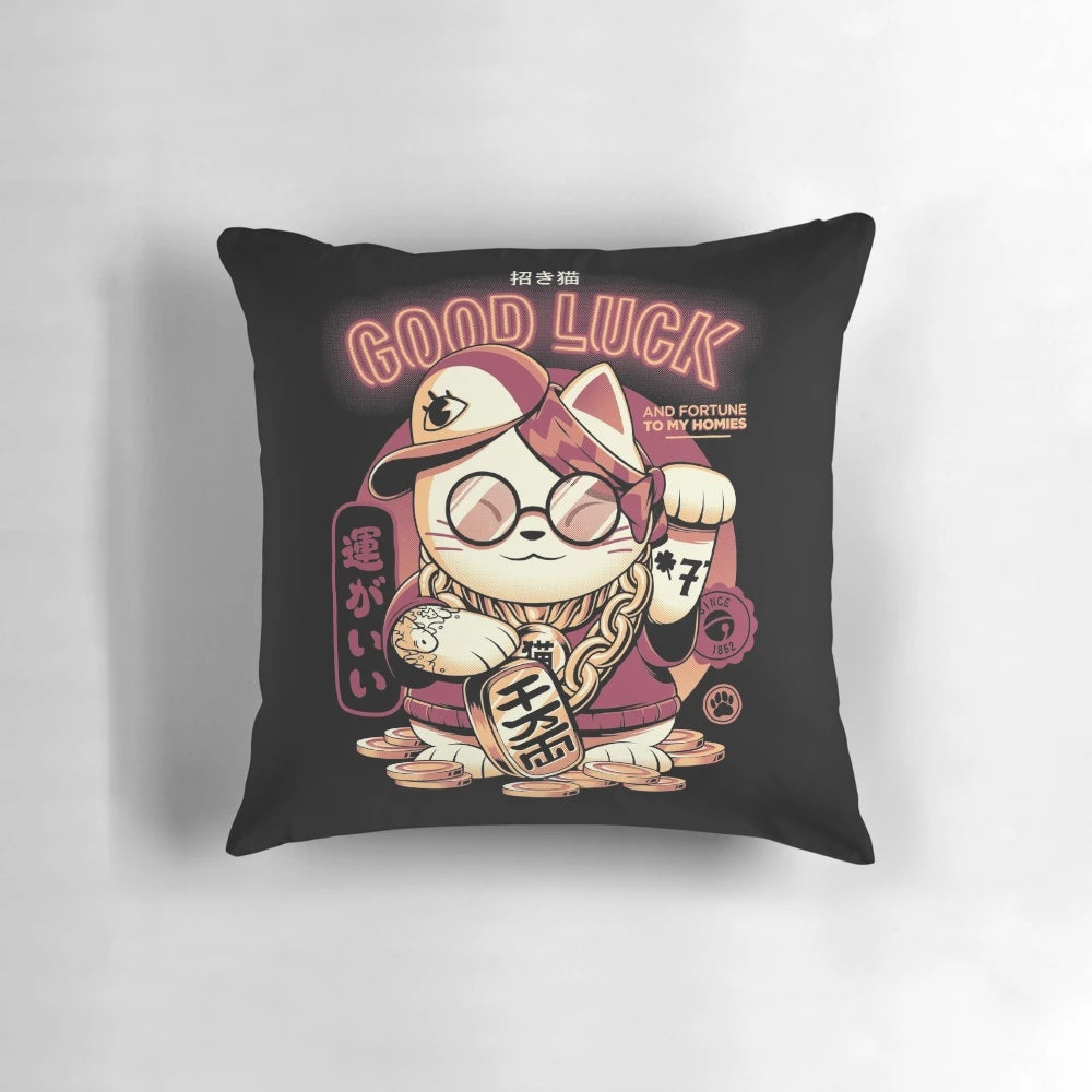 A golden maneki neko or Japanese lucky cat pillow, bringing fortune and luck