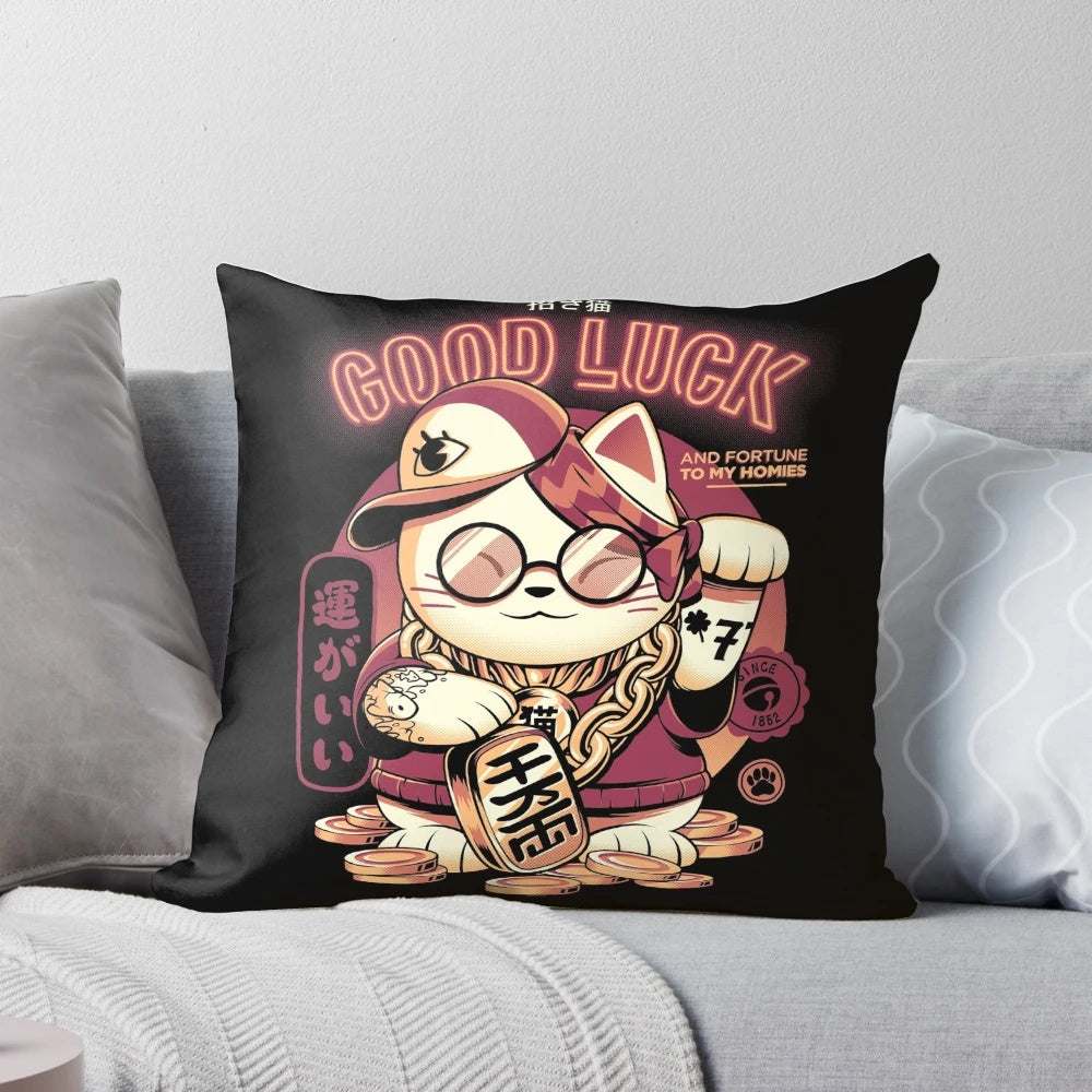 A golden maneki neko or Japanese lucky cat pillow, bringing fortune and luck