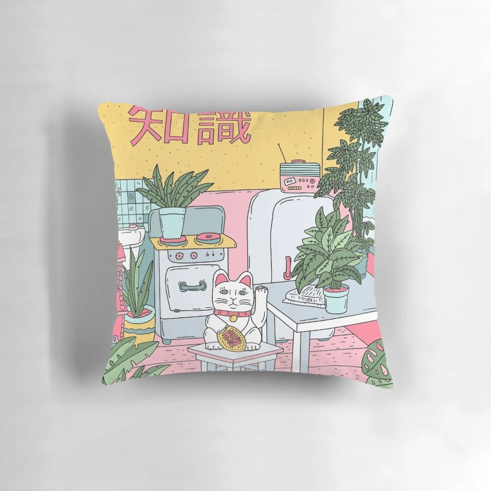 Vibrant Maneki Neko-themed decorative pillow with plants and neon accents