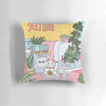 Vibrant Maneki Neko-themed decorative pillow with plants and neon accents