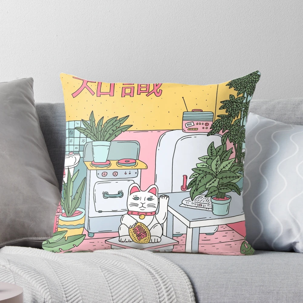 Vibrant Maneki Neko-themed decorative pillow with plants and neon accents