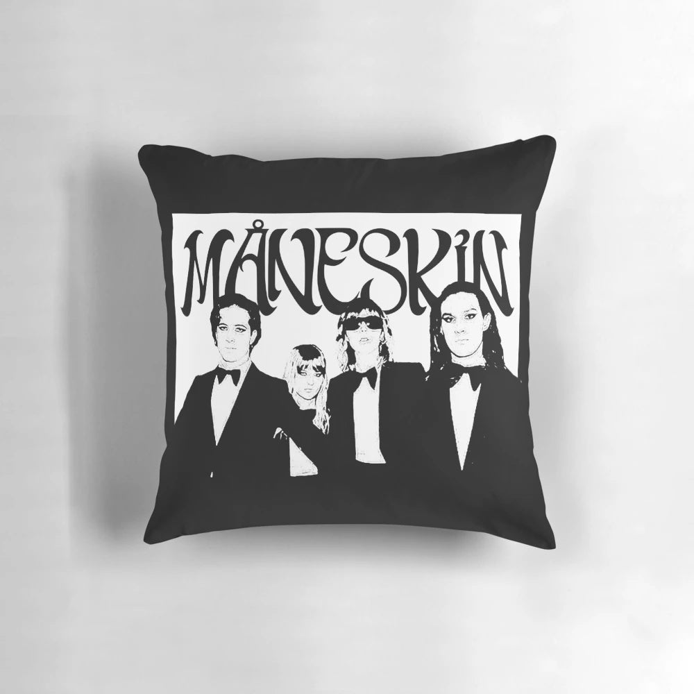 Maneskin Italian rock band members Damiano, Victoria, Thomas, and Ethan on a throw pillow with the text 'MAMMAMIA!