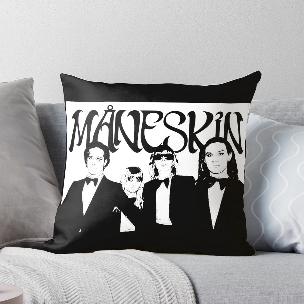 Maneskin Italian rock band members Damiano, Victoria, Thomas, and Ethan on a throw pillow with the text 'MAMMAMIA!