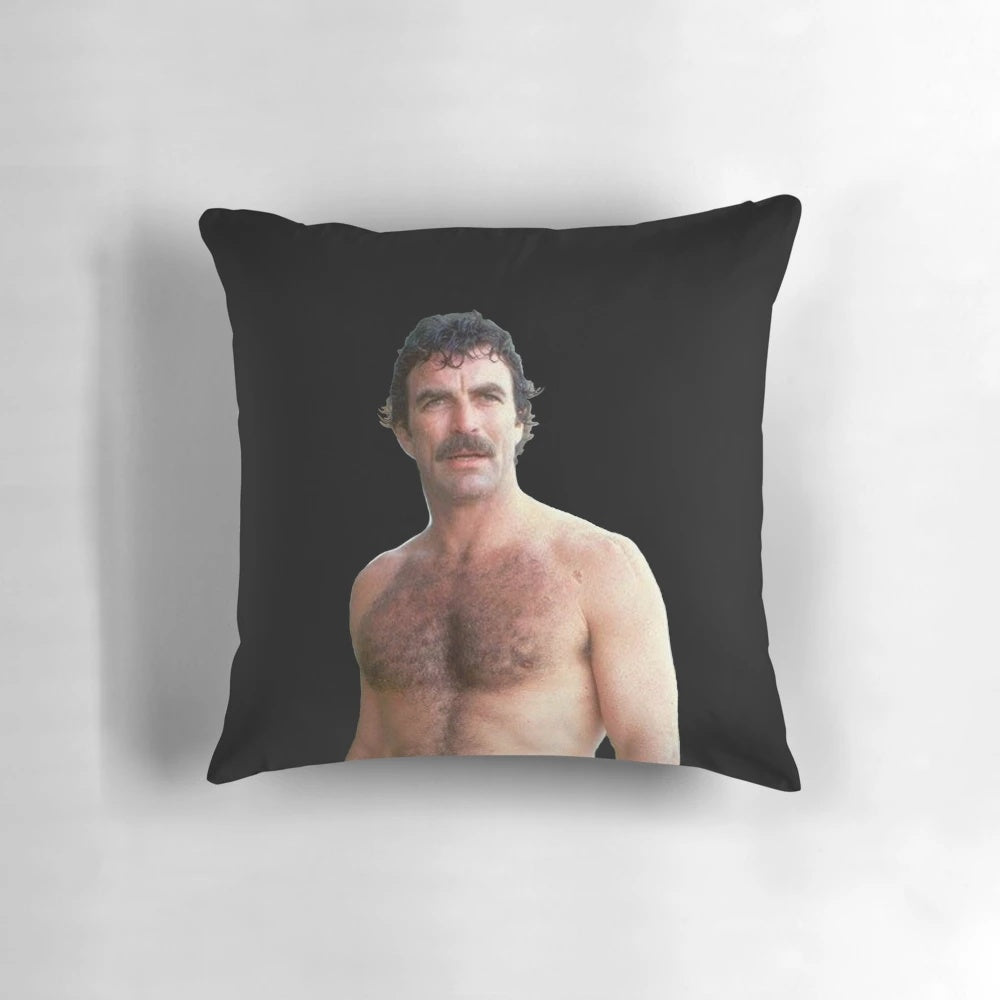A high-quality Tom Selleck Magnum PI-themed decorative pillow for a manly, stylish home.