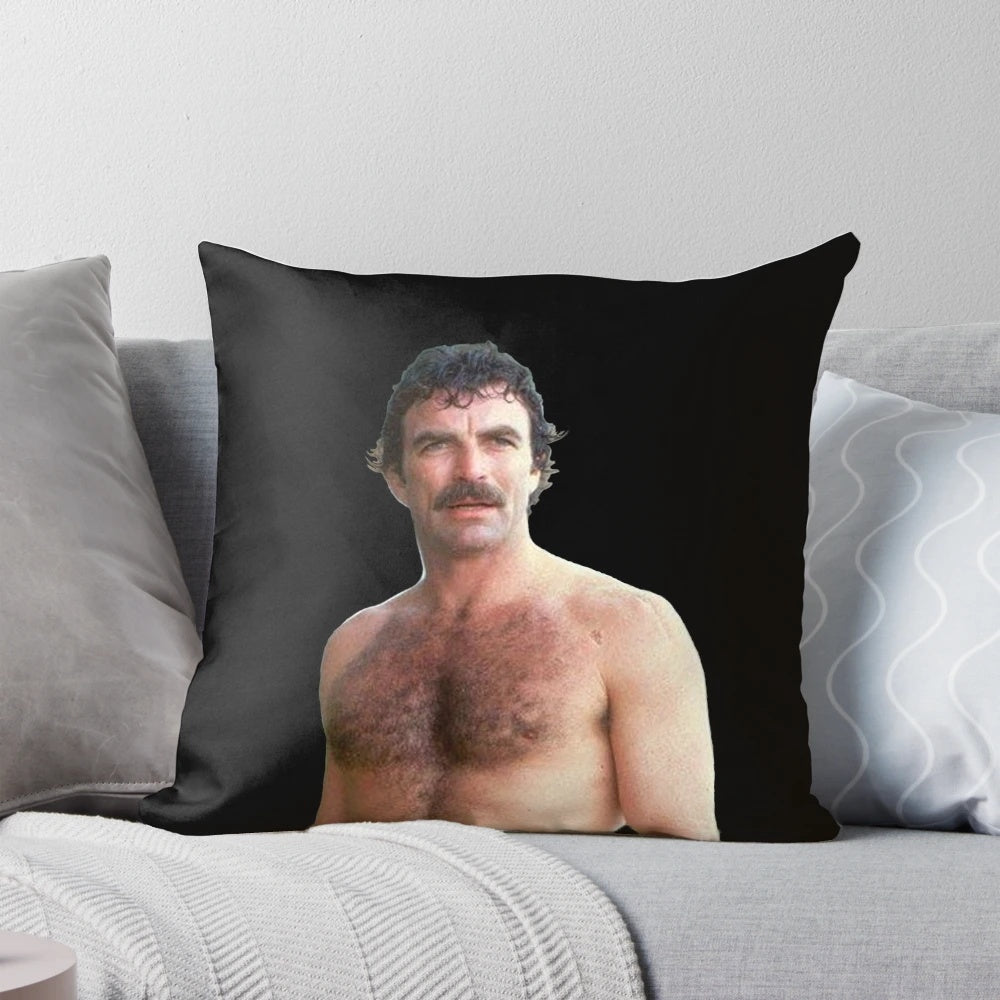 A high-quality Tom Selleck Magnum PI-themed decorative pillow for a manly, stylish home.