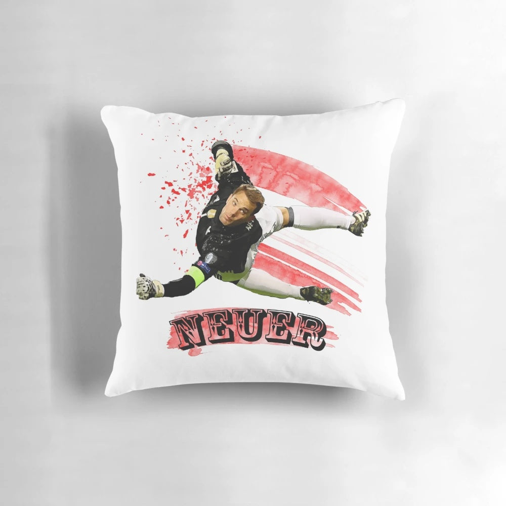 Manuel Neuer, the famous German soccer goalkeeper, on a high-quality pillow.