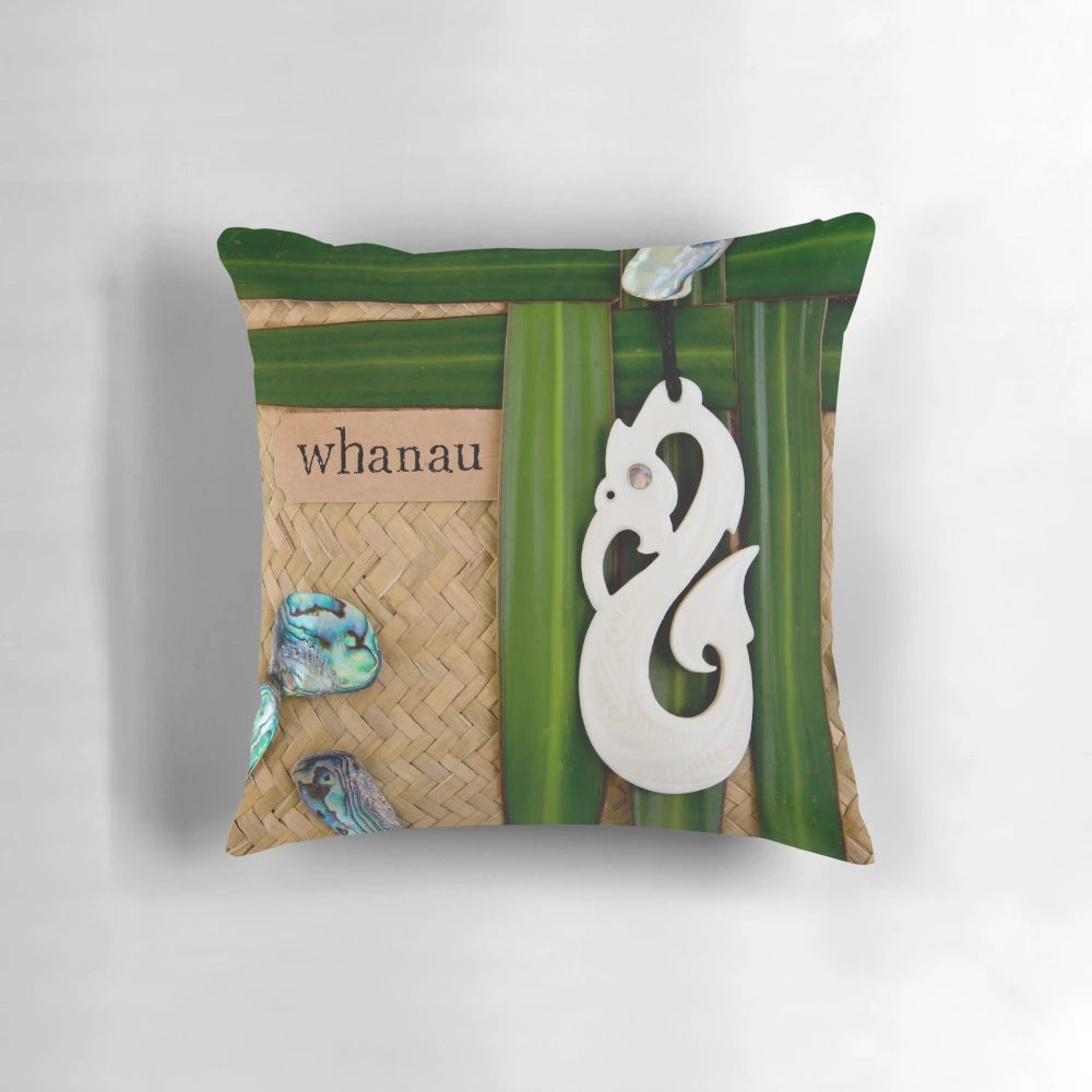 Maori-inspired decorative throw pillow featuring a family theme design