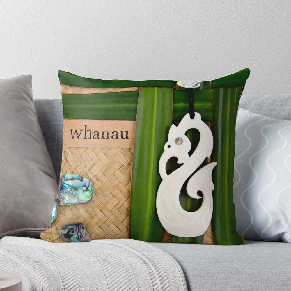 Maori-inspired decorative throw pillow featuring a family theme design