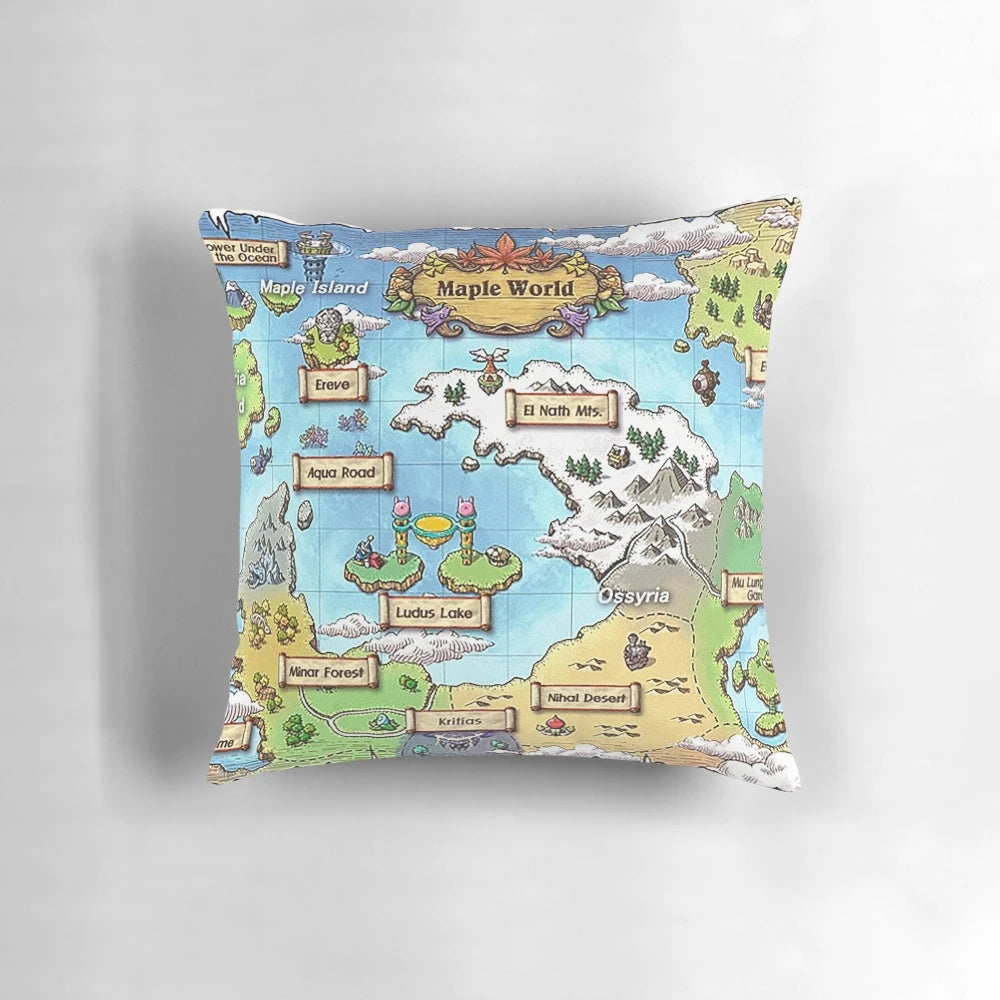 Maplestory World Map Decorative Pillow - Soft, comfortable gaming-themed home decor for your bedroom, living room or office.