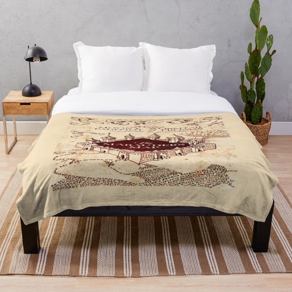 Marauder Map inspired plush blanket featuring the iconic wizarding world design