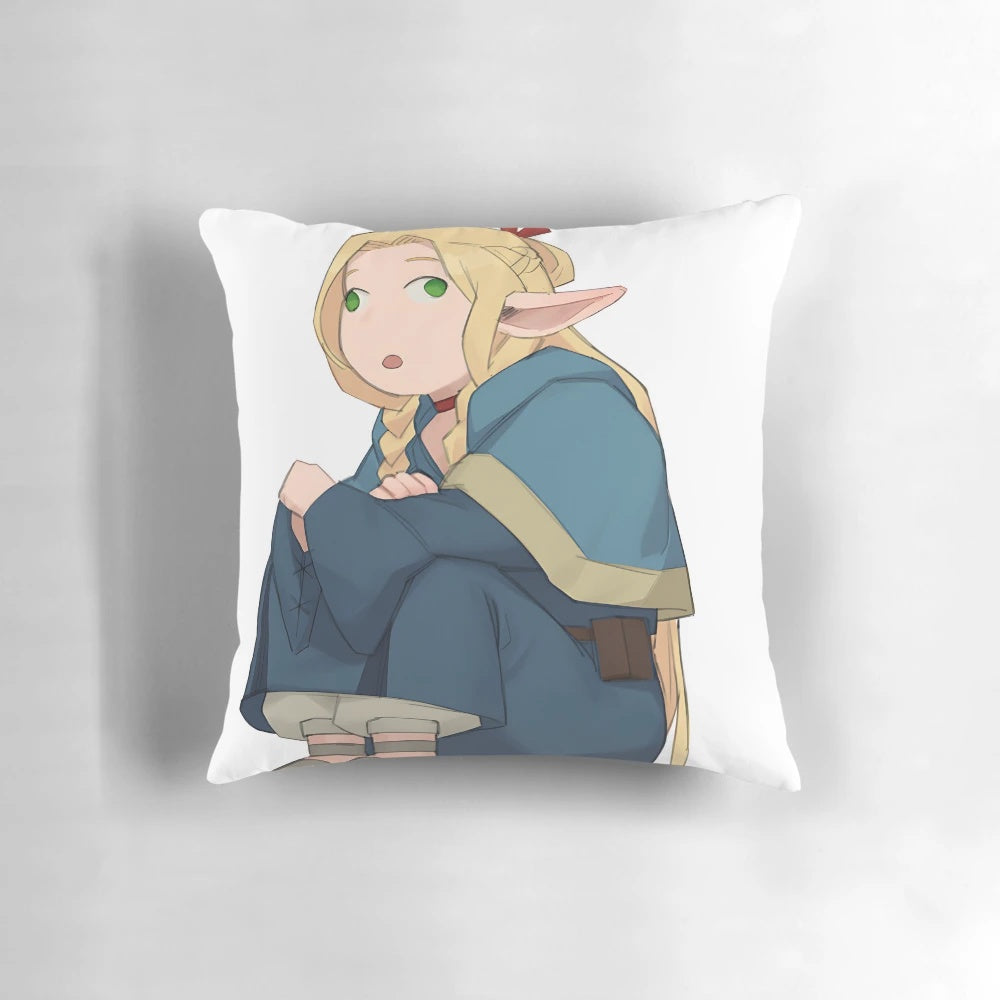 Soft, plush anime-inspired pillow featuring the character Marcille from the anime Dungeon Meshi, looking bewildered.